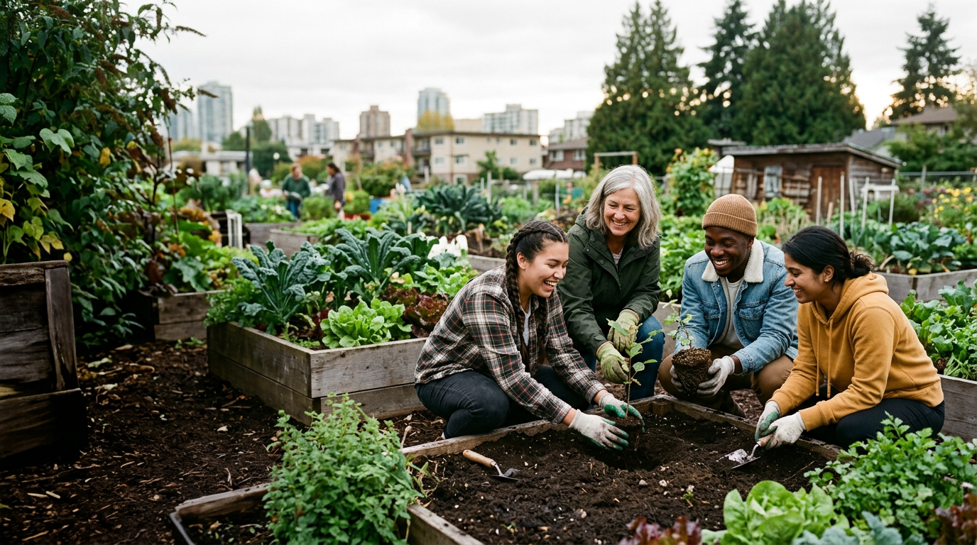 Young people and a mentor planting trees together in a community garden